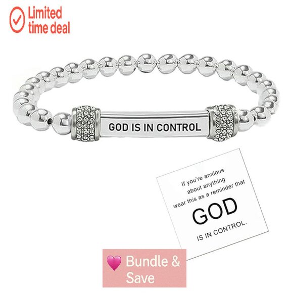 Stainless Steel Stretch Bracelet with Diamond Beads, Inspirational Engraving - Picture 1 of 8